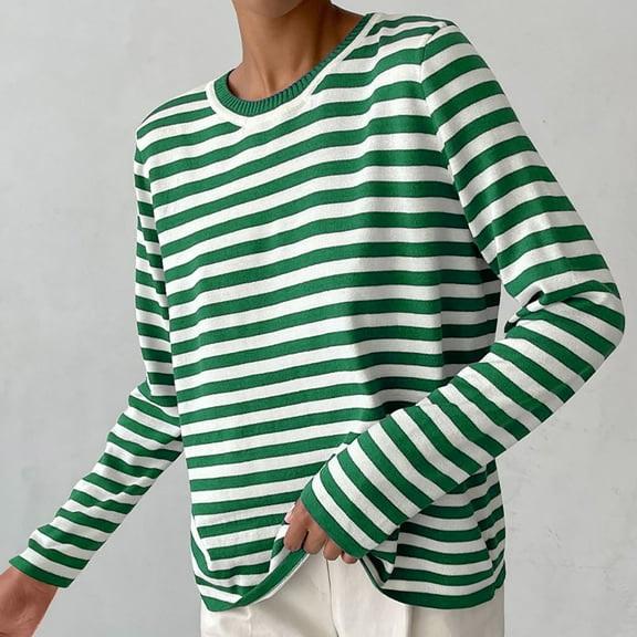 Amidoa Women Sweater Classic Green Striped Long Sleeve Pullover Lightweight Fall Sweaters Cardigans for Women M