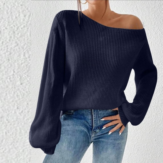 Amidoa Women Sweater Knit Blue Long Sleeve Workout Loose Round Neck Solid Sweaters Cardigans for Women Trendy S