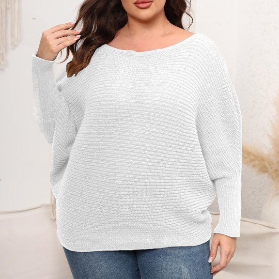 Amidoa Women Sweater Long Sleeve Knit White Plus Size Winter Solid Cozy Crewneck Sweaters Womens Sweaters Cardigan S