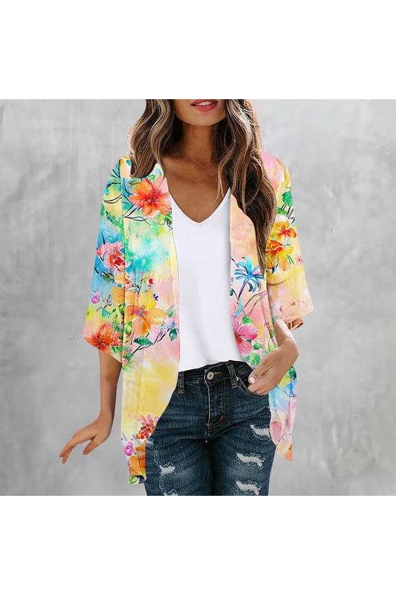Women's Cardigans 3/4 Sleeve Kimono Boho Floral Light Open Front Summer Cardigans Women's Sweaters L