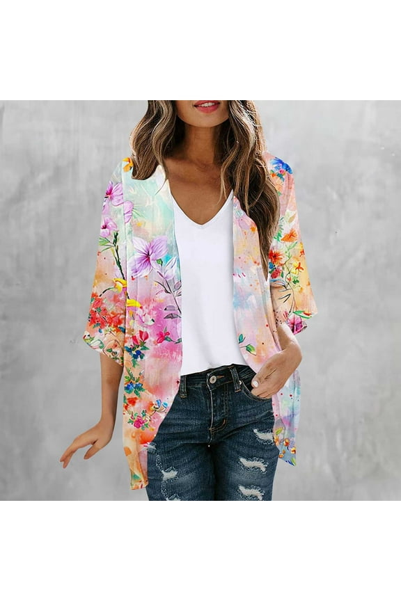 Women's Cardigans Kimono 3/4 Sleeve Boho Floral Open Front Summer Light Cardigans Womens Sweaters XL