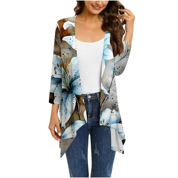 Amidoa Women's Cardigans Light Long Sleeve Open Front Shirring Hem Hawaiian Floral Long Cardigans Womens Sweaters L
