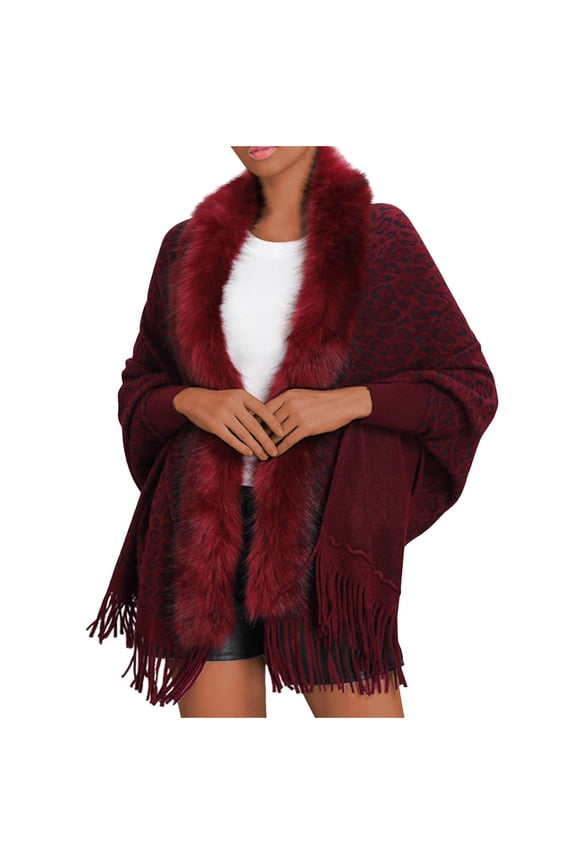 Women's Cardigans Long Sleeve Red Winter Fleece Fringe Leopard Prints Long Shawls Cardigans for Women Free Size