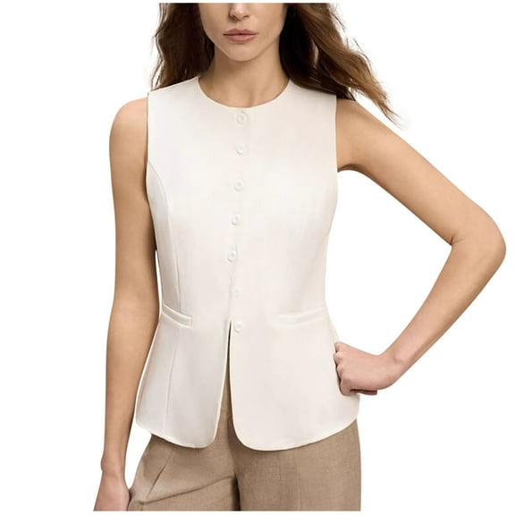 Amidoa Women's Coats Suit Blazer White Workout Vest Fashion Sleeveless Solid Button up Waistcoat Womens Jacket L