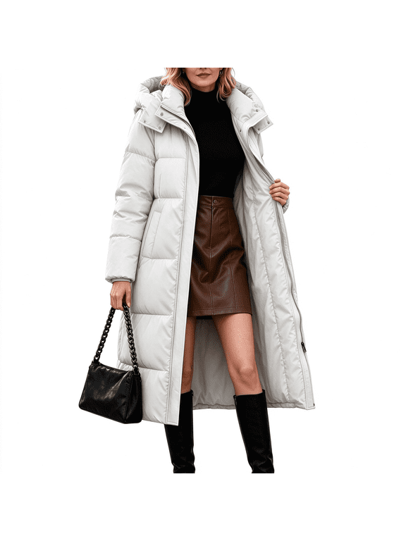 Women's Long Winter Puffer Jacket with Hood Warm Quilted Coat Lightweight Down Jacket Fleece Lined Waterproof Parka White Size M