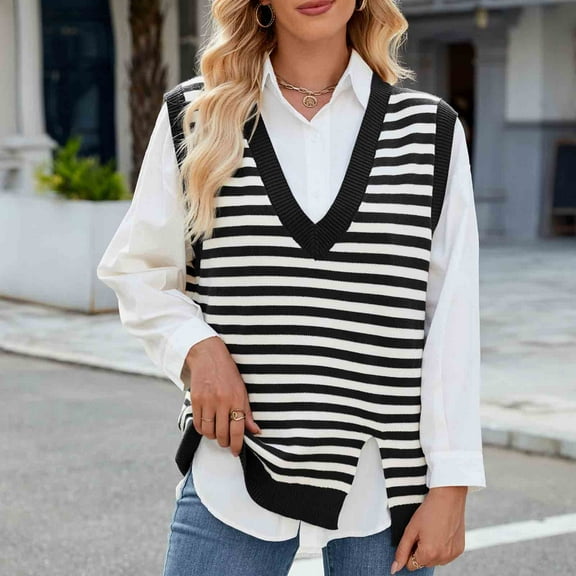 Amidoa Women's Sweaters Black Sleeveless V-Neck Plus Size Cozy Striped Side Split Sweater Vests Womens Sweaters L