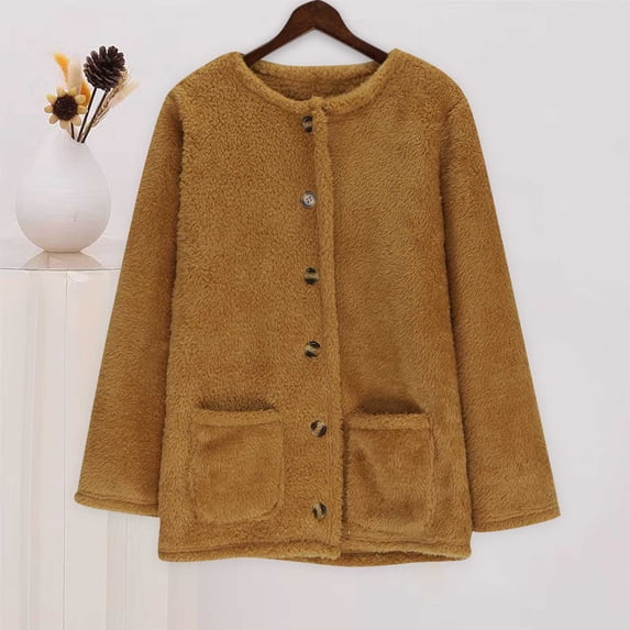Amidoa Women's Sweaters Cardigan Brown Long Sleeve Fleece Winter Cozy Button up Solid Cardigans Womens Cardigans XXL