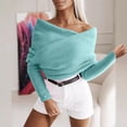thumbnail image 1 of Amidoa Women's Sweaters Light Blue Long Sleeve Off the Shoulder Wrap V-Neck Knit Cheeky Sweaters Womens Sweaters, 1 of 9