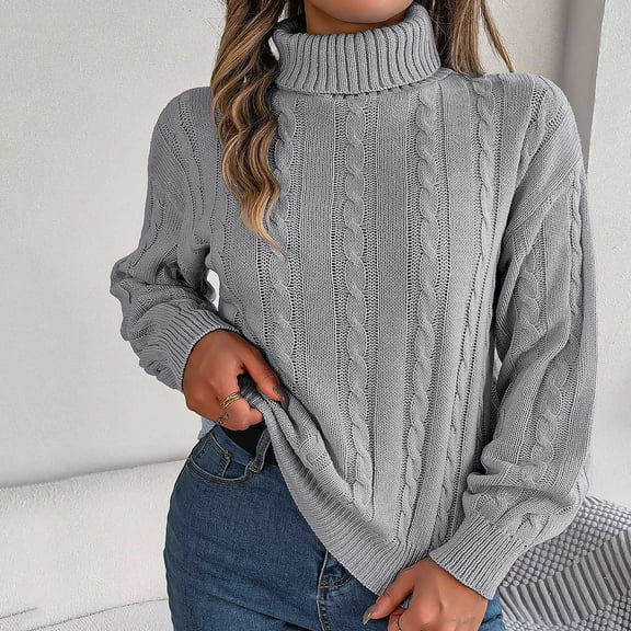 Amidoa Women's Sweaters Long Sleeve Gray Turtleneck Cable Knit Pullover Lightweight Solid Sweaters Women's Cardigans L