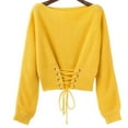 thumbnail image 1 of Amidoa Women's Sweaters Yellow Pullover Long Sleeve Crop Solid Crew Neck Lace up Sweaters Women's Cardigans Free Size, 1 of 3