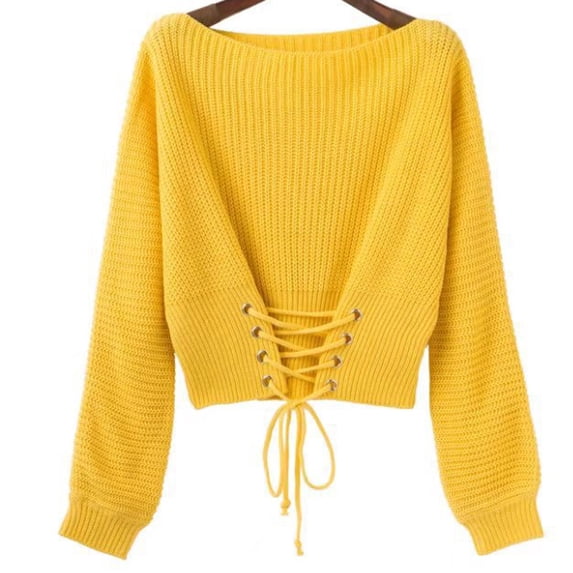 Amidoa Women's Sweaters Yellow Pullover Long Sleeve Crop Solid Crew Neck Lace up Sweaters Women's Cardigans Free Size