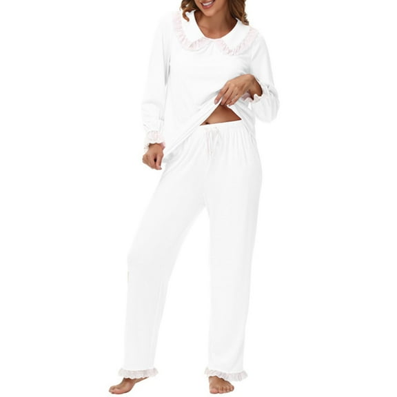 Amidoa Womens 2 Piece Pajamas White Cotton Ruffle Cute High Waist Pants Drawstring Tracksuit Lounge Wear for Women L