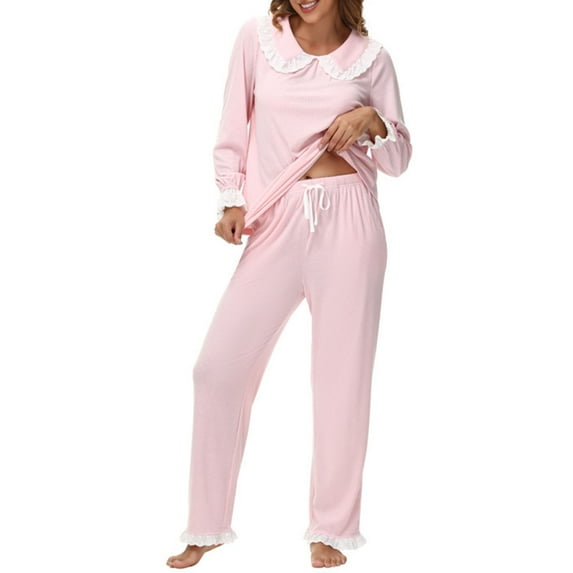 Amidoa Womens 2 Piece Sets Ruffle Pink Cotton High Waist Pants Drawstring Collared Cute Tracksuit Women's Sleepwear S