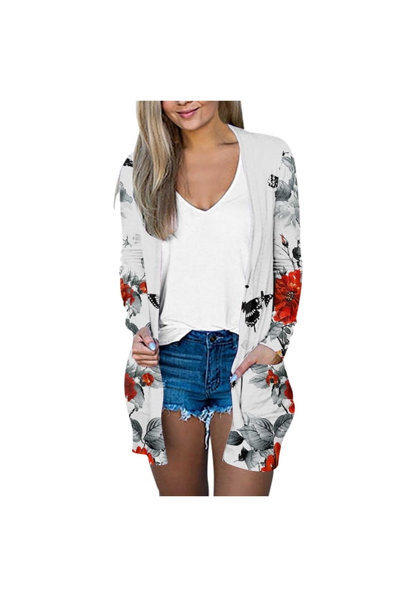 Womens Coats Lightweight Boho Open Front White Cardigan Long Fall Floral Outerwear Jackets for Women Trendy M