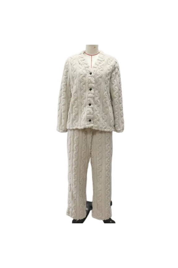 Womens Pjs Sets Fleece V-Neck Button Down Sweater High Waist Pants Solid Winter Sweatsuit Womens Lounge Set XL