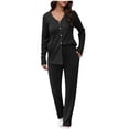 thumbnail image 1 of Amidoa Womens Sets 2 Piece Waffle Knit Button Down Black V-Neck Elastic Waist Pants Clothing Womens Tracksuit Set L, 1 of 2