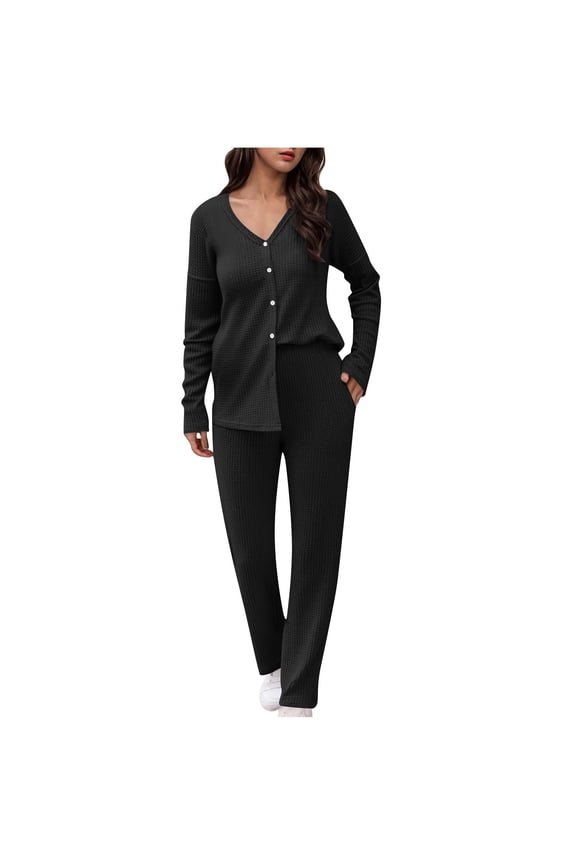 Womens Sets 2 Piece Waffle Knit Button Down Black V-Neck Elastic Waist Pants Clothing Womens Tracksuit Set L