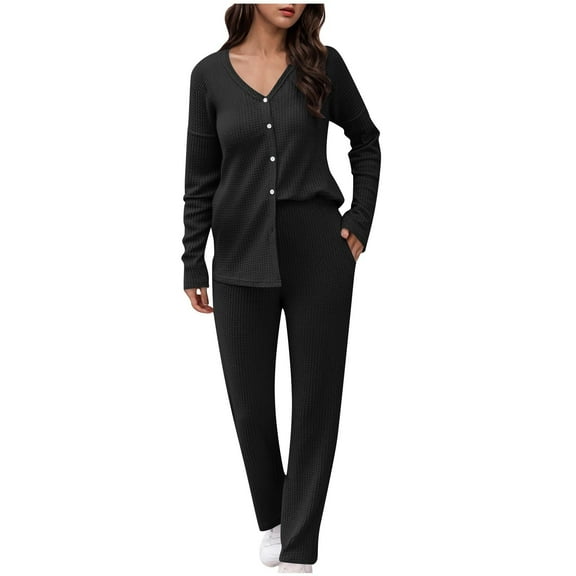 Amidoa Womens Sets 2 Piece Waffle Knit Button Down Black V-Neck Elastic Waist Pants Clothing Womens Tracksuit Set L
