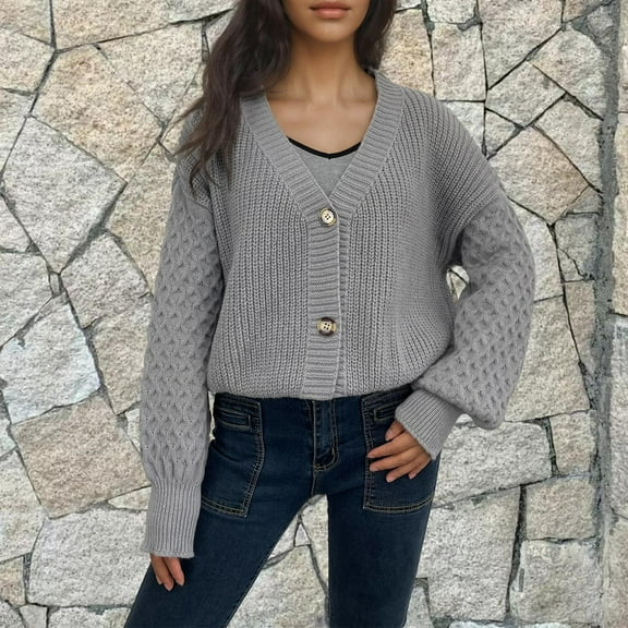 Amidoa Womens Sweater Button up Long Sleeve Cardigan Gray Cable Knit Winter Cardigans Womens Sweaters Cardigan XXXL