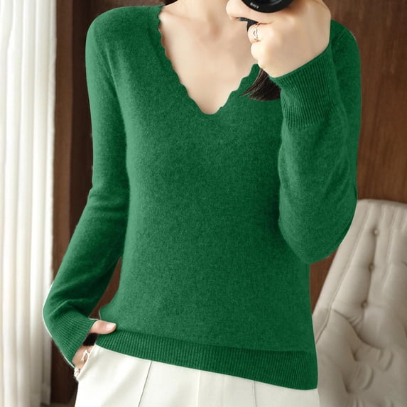 Amidoa Womens Sweater Long Sleeve V-Neck Green Fleece Soft Solid Ruffle Sweaters Women's Cardigans/Sweaters L