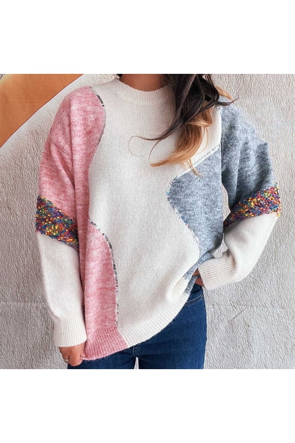 Womens Sweater Oversized Sequin Long Sleeve Fall Colorblock Fashion Sweaters Womens Cardigans L