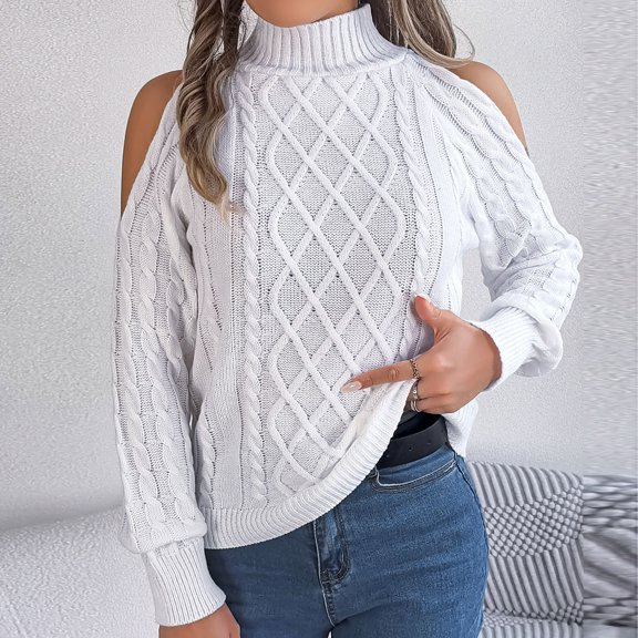Amidoa Womens Sweater White Off the Shoulder Cable Knit Long Sleeve Solid Cutout Fall Sweaters Cardigans for Women S