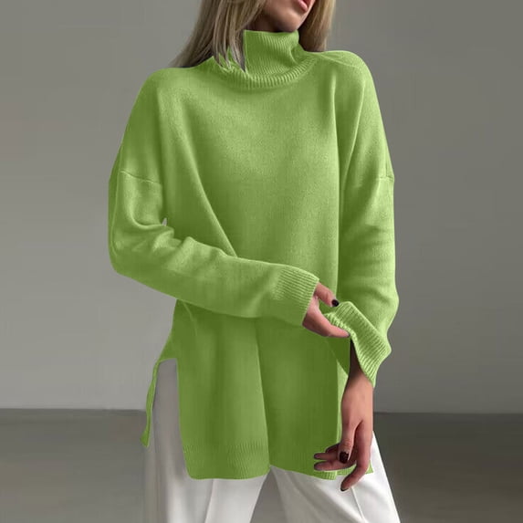 Amidoa Womens Sweaters Green Turtleneck Long Long Sleeve Side Split Dressy Sweaters Womens Sweaters Cardigan M