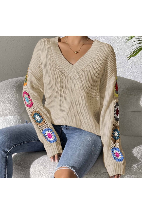 Womens Sweaters Long Sleeve Beige V-Neck Crochet Embroidered Loose Fall Sweaters Womens Cardigan Sweaters L