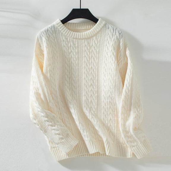 Amidoa Womens Sweaters Long Sleeve Chunky White Cable Knit Winter Solid Crew Neck Sweaters Womens Cardigans L