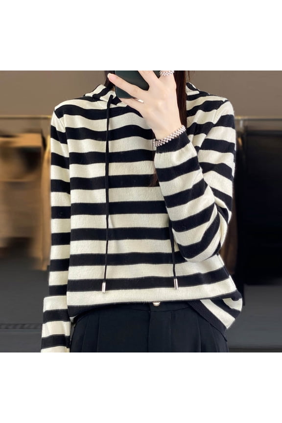Womens Sweaters Long Sleeve Hoodie Black Striped Cozy Pullover Drawstring Sweaters Womens Sweaters Cardigan M