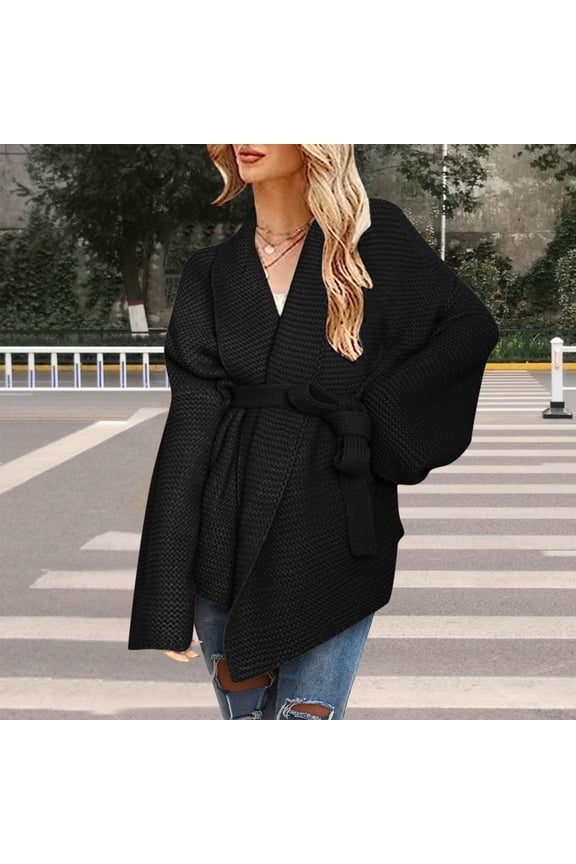 Womens Sweaters Long Sleeve Open Front Black Cardigan Collared Knit Bandage Cardigans Cardigans for Women M