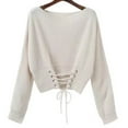 thumbnail image 1 of Amidoa Womens Sweaters Pullover Crop Beige Long Sleeve Crew Neck Lace up Sweaters Womens Sweaters Cardigan Free Size, 1 of 2