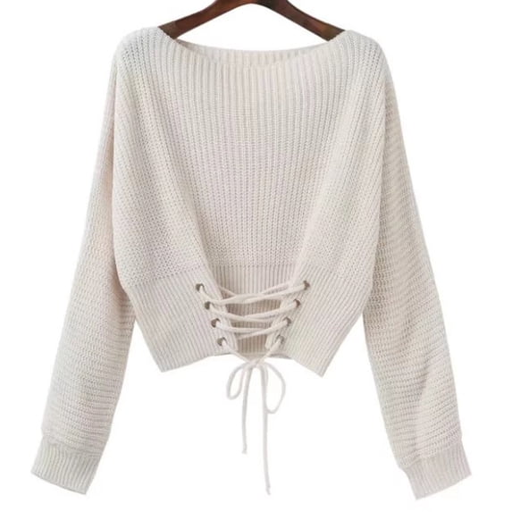 Amidoa Womens Sweaters Pullover Crop Beige Long Sleeve Crew Neck Lace up Sweaters Womens Sweaters Cardigan Free Size
