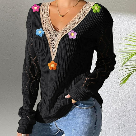 Amidoa Womens Sweaters V-Neck Long Sleeve Black Crochet Cute Floral Fall Cutout Sweaters Womens Sweaters Cardigan L