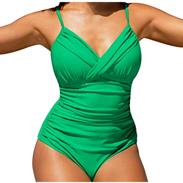 Amidoa Womens Swimsuits Plus Size Tummy Concealing Wrap Solid Swimwear