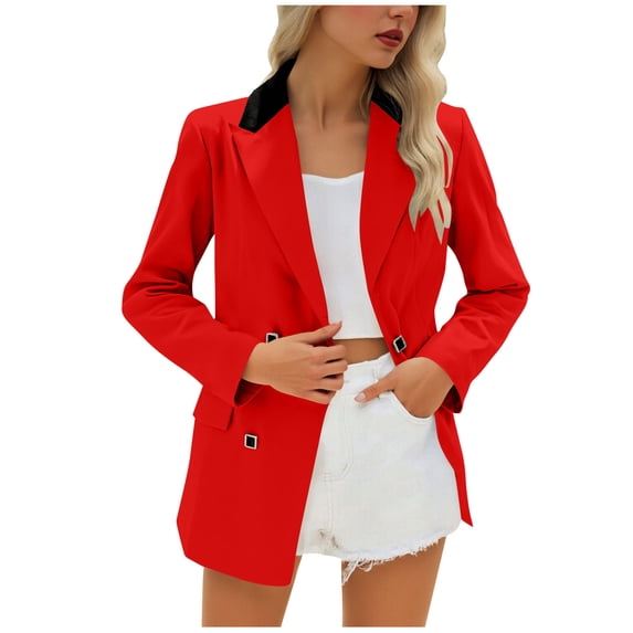 Amidoa Workout Women's Coats Red Blazer Suit Jackets Button up Long Sleeve Collared Contrast Outwear Womens Jacket S