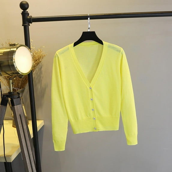 Amidoa Yellow Sweater Tops for Women Button up Cardigan Long Sleeve Solid Cozy Light Cardigans Cardigans for Women XL
