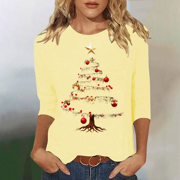 Amidoa Yellow Womans Tops Sparkly Funny 3/4 Sleeve Blouses Christmas Tree Prints Boat Neck T-Shirt Women Blouse S