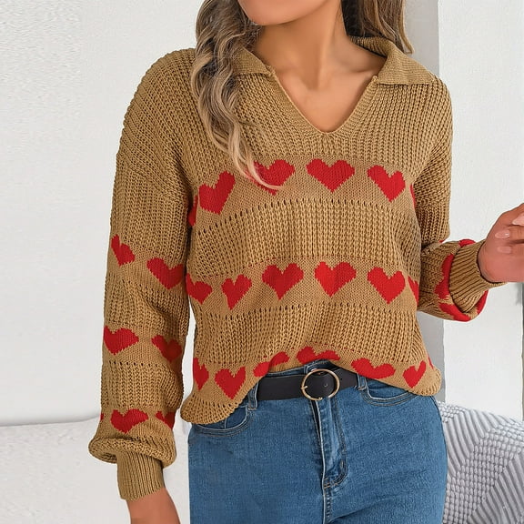 Amidoa Yellow Womens Sweater V-Neck Long Sleeve Valentines Collared Heart Crochet Sweaters Womens Cardigans L