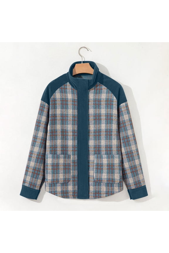 Zip Front Coats for Women Motorcycle Blue Wool Jacket Stand Collar Plaid Fashion Outerwear Jacket for Women S