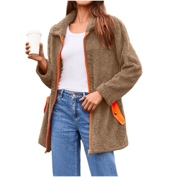 Amidoa Zip up Women's Coats Fleece Brown Soft Fuzzy Coats Long Collared Color Block Outwear Jacket for Women L