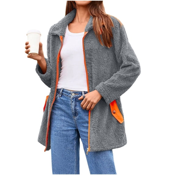 Amidoa Zip up Women's Coats Soft Gray Fleece Fuzzy Coats Long Color Block Collared Outwear Shackets for Women 2025 L