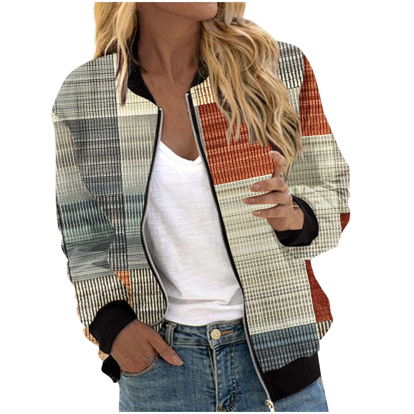 Amidoa Zipper Coats for Women Bomber Yellow Barn Jacket Long Sleeve ...