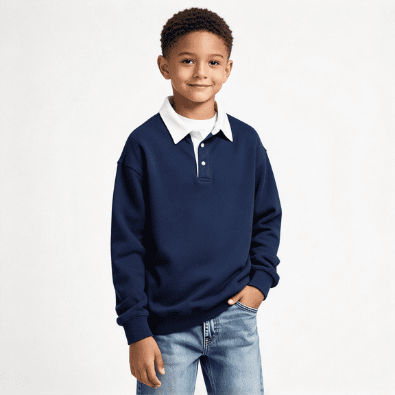 Amidoa Boys Sweatshirt with Collar Casual Long Sleeve Fall Winter Loose Fit Kids Pullover Tops Navy 4-12