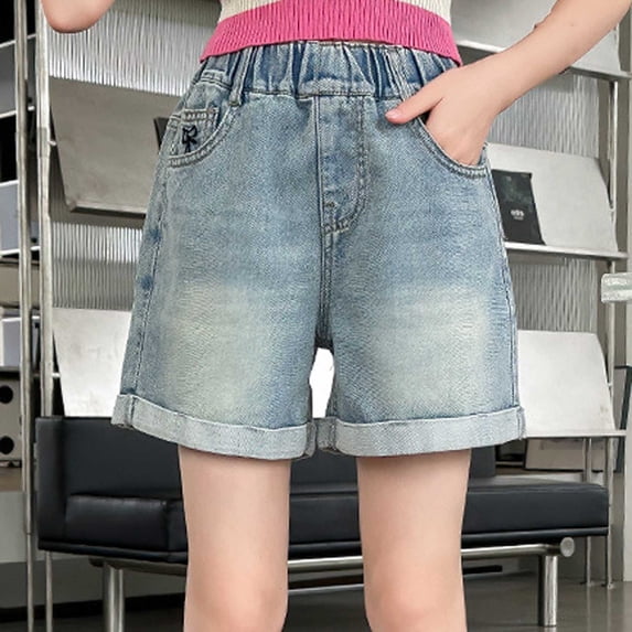 Amidoa Girls Jeans Shorts Elastic Waist Wide Leg With Pockets Casual Baggy Summer Kids Denim Shorts Blue Size 6
