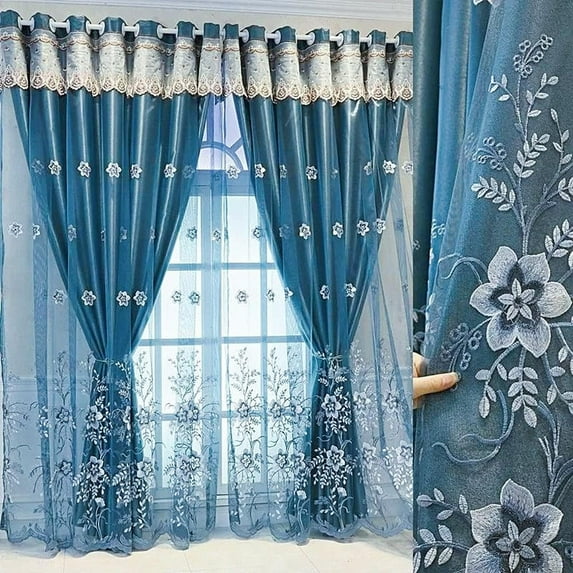 Amidoudou 1 Pair European Double Layer Curtains for Living Room Bedroom Blackout Curtains Luxury Flower Embroidered Curtains with Valance (Blue,54x84 Inch)