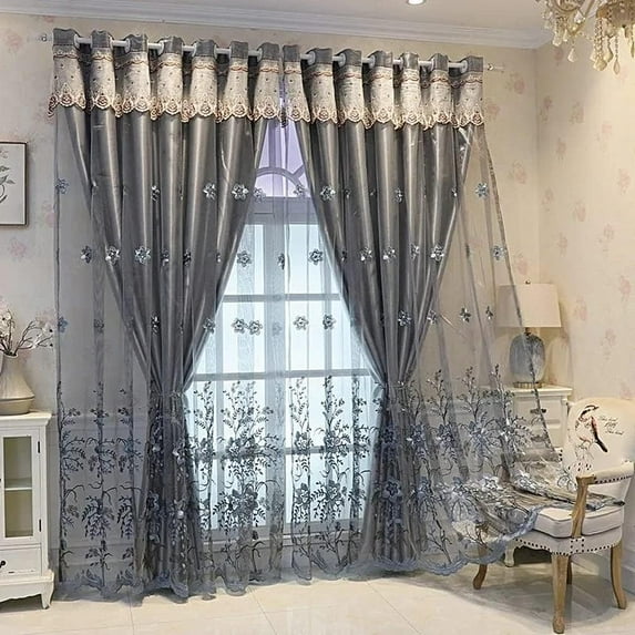Amidoudou 1 Pair European Double Layer Curtains for Living Room Bedroom Blackout Curtains Luxury Flower Embroidered Curtains with Valance (Grey,54x84 Inch)