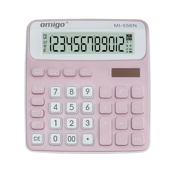 Amigo MI-556N Desktop Calculator, Pink | Large 12-Digit LCD Display For Easy Readability - Operations, Memory Functions, Tax Calculations, And Square Root Calculations
