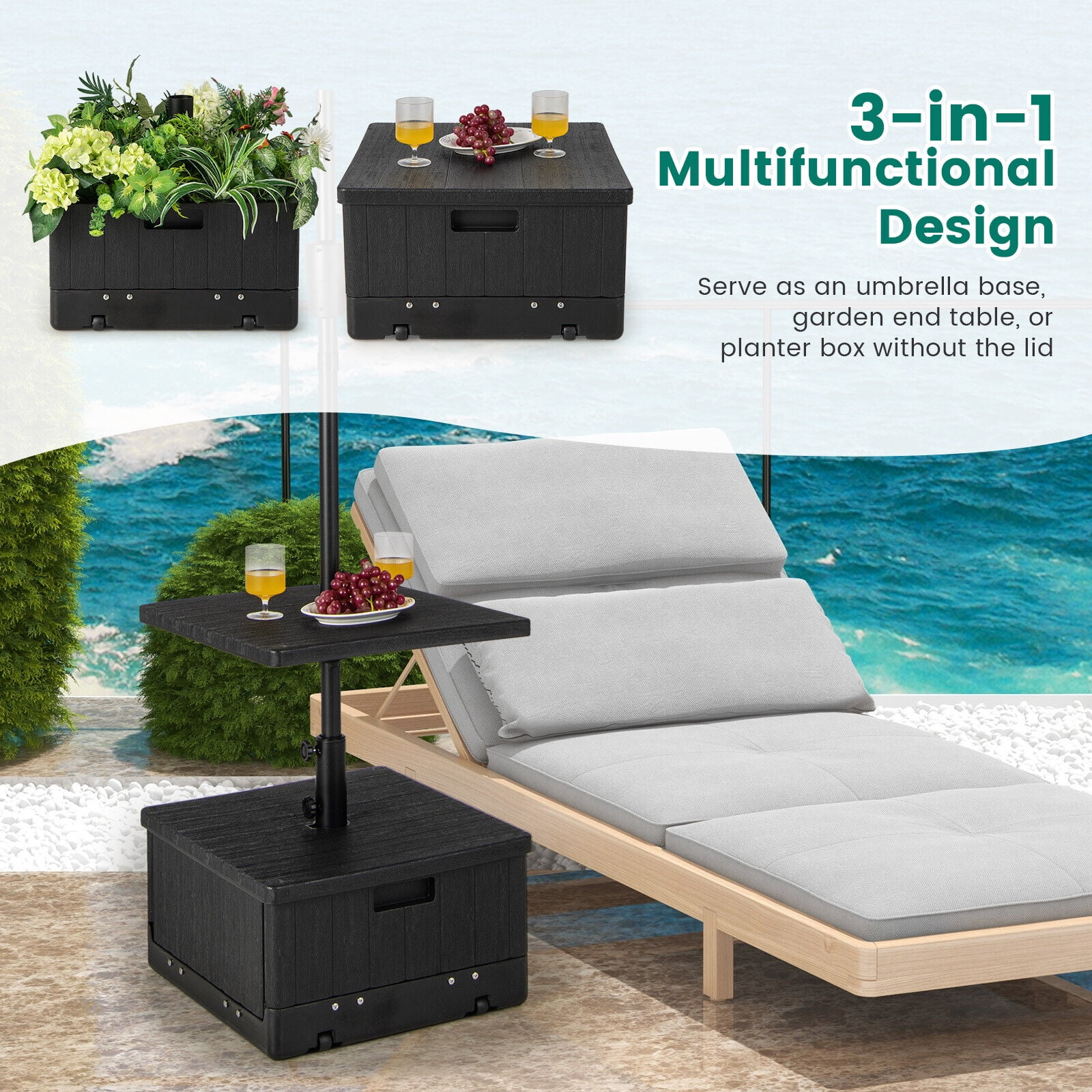 Amijoy 175 LBS Outdoor Fillable Umbrella Base w/ Table Tray, Weighted Bag, Wheel, Handle, 3-in-1 Coffee End Table Planter Box Umbrella Stand