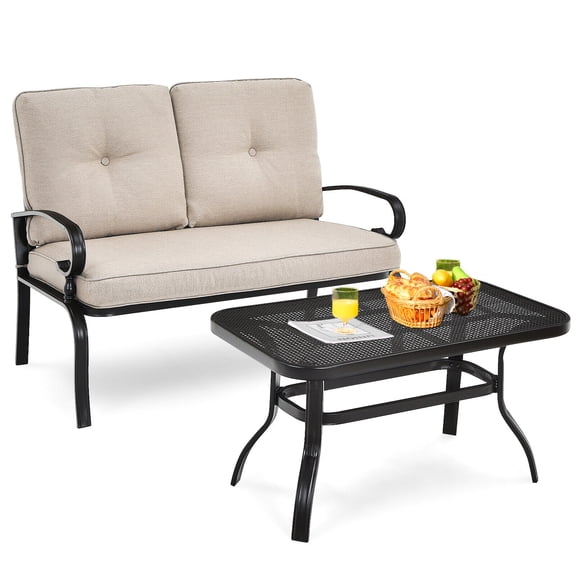 Amijoy 2-Piece Outdoor Loveseat Sofa & Table Set, Patio Bench & Coffee Table Set with Cushions